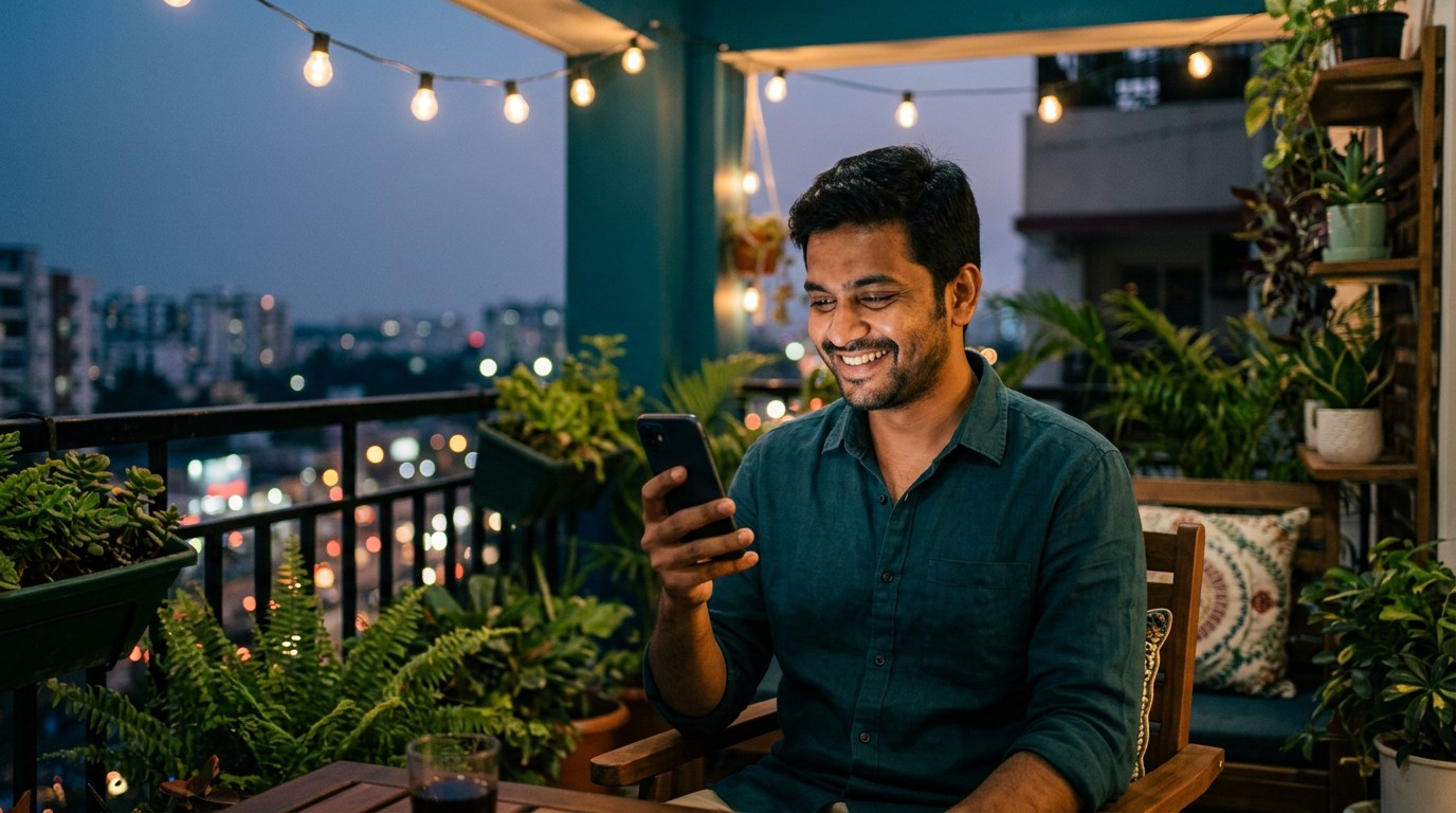 A happy Indian man celebrates on his phone after learning how to pass outlier ai assessment tests.