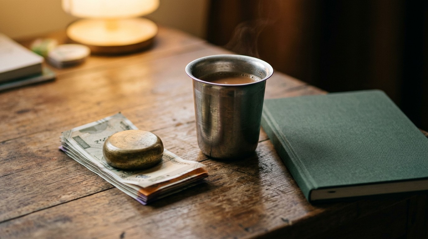 Rupee notes under a brass paperweight beside chai, a reminder the itr3 vs itr4 online earners choice affects tax