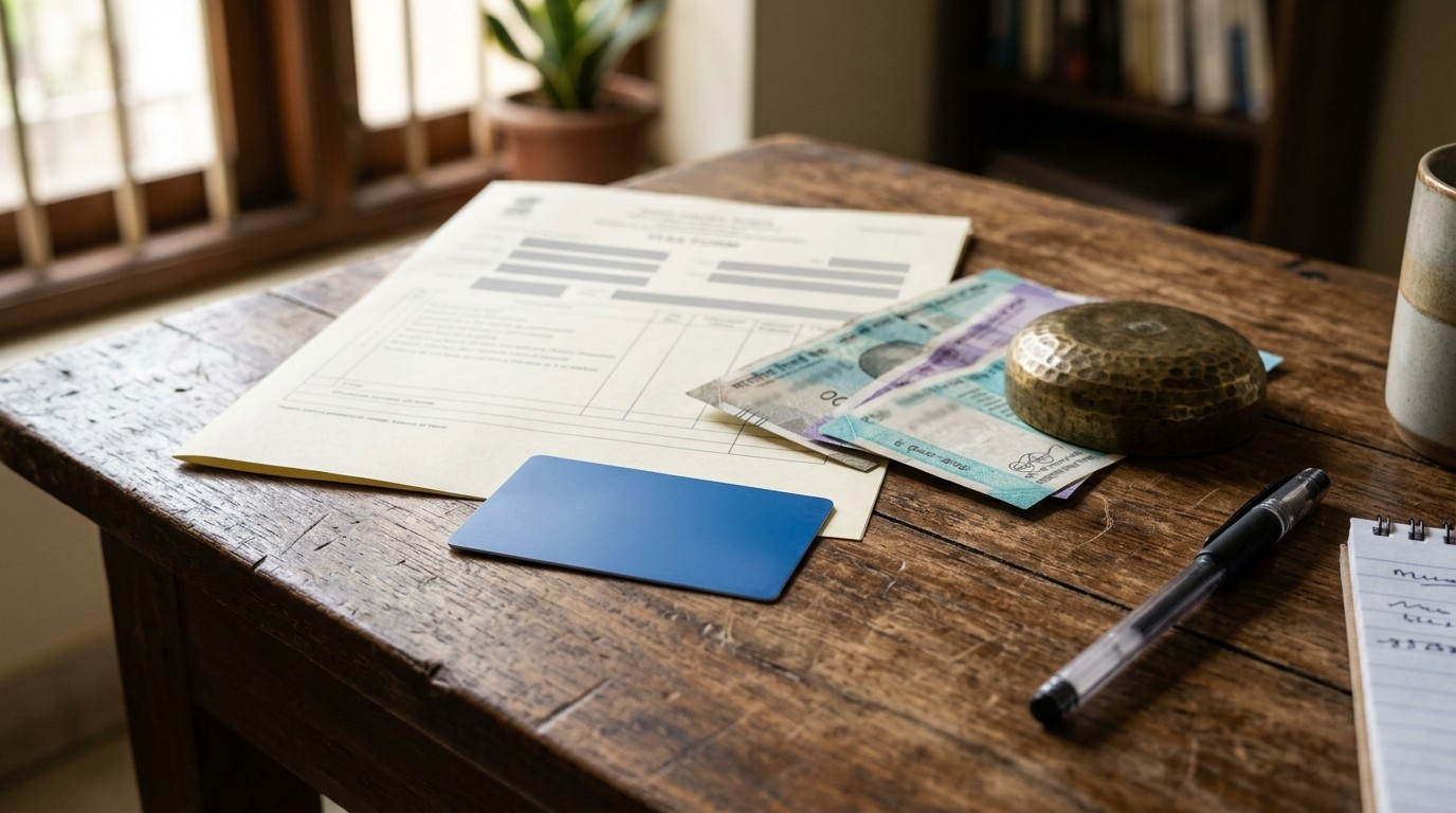 A card face down beside a tax form and rupee notes, the paperwork behind pan card online earning