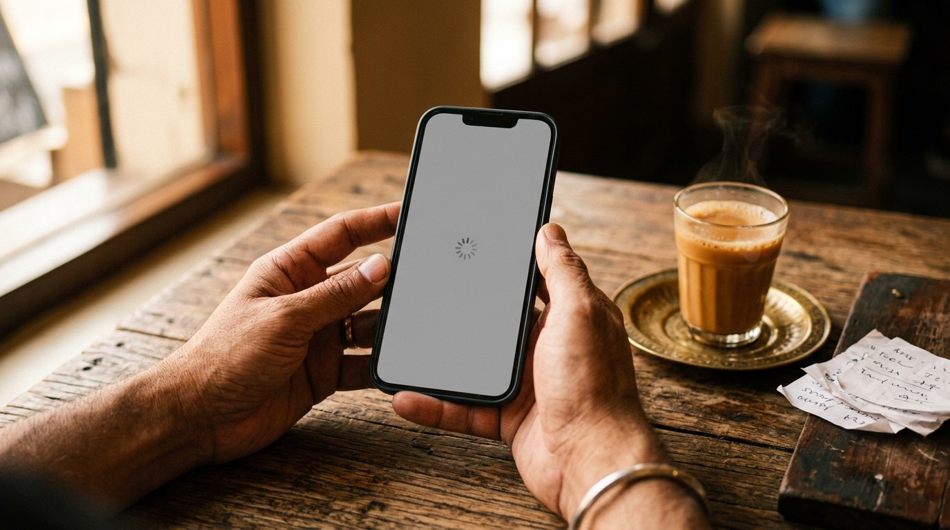 A close up of hands holding a phone trying to load freejobearn com on a rustic table.