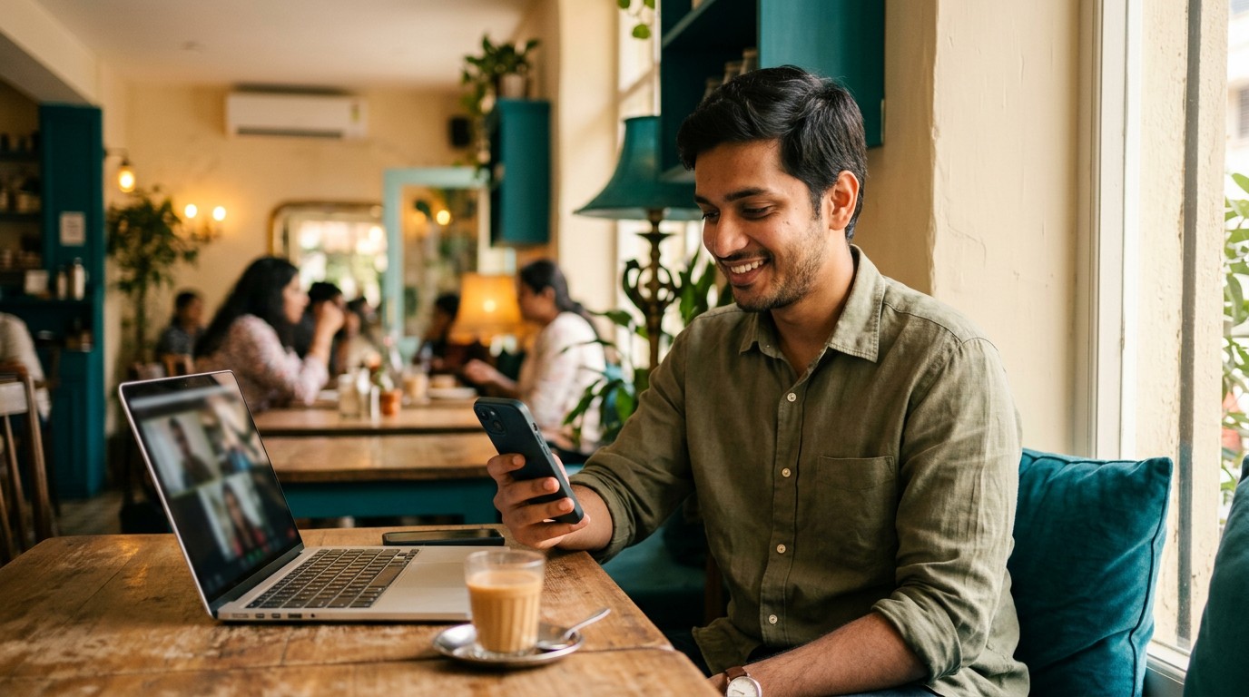 A young Indian tutor smiles at his phone while managing online tutoring jobs from home in a cafe.