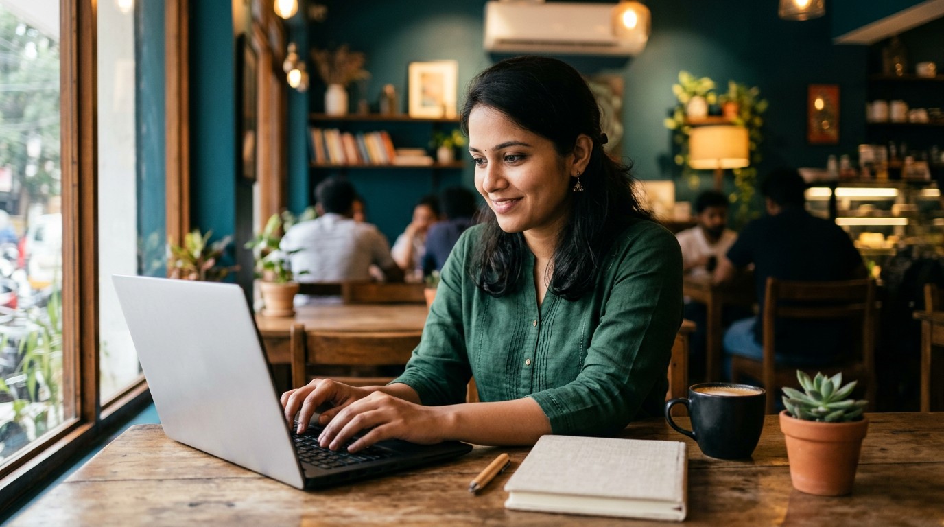 An Indian woman updating her AI platform profile on a laptop before she applies again