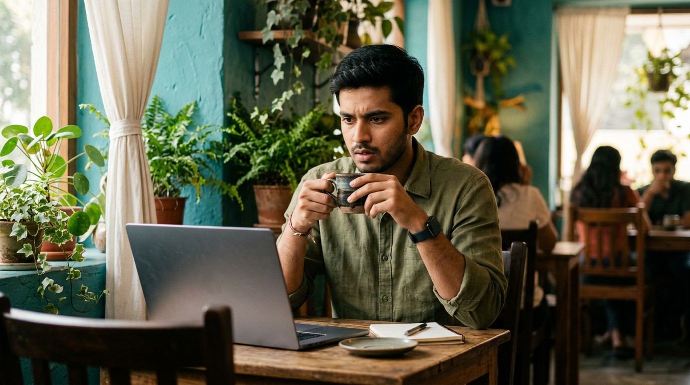 A young Indian writer contemplating the future of content writing work from home in a cafe.