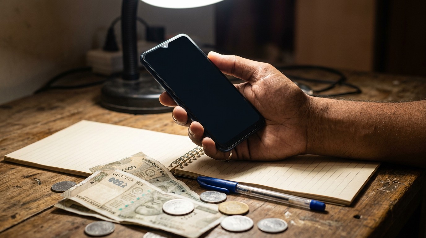 Indian rupee notes and a switched off phone on a desk, the fee behind fake tamil typing jobs work from home.