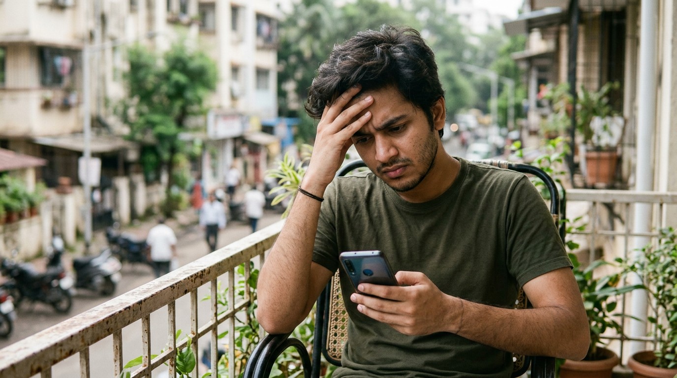A worried man looking at his phone while searching for chat support work from home jobs.