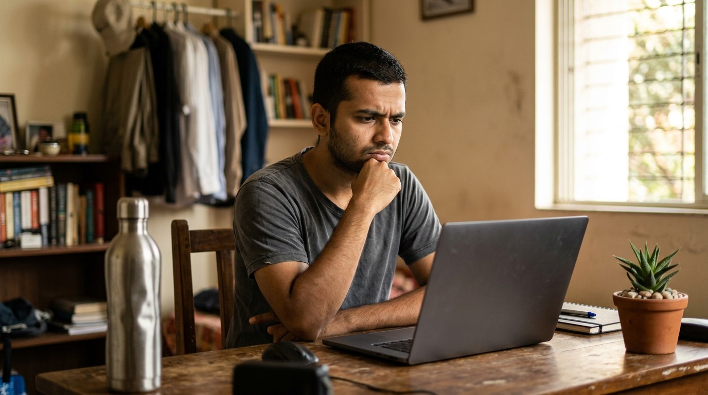 A young man doubts a suspicious offer while looking for work from home jobs in telugu.
