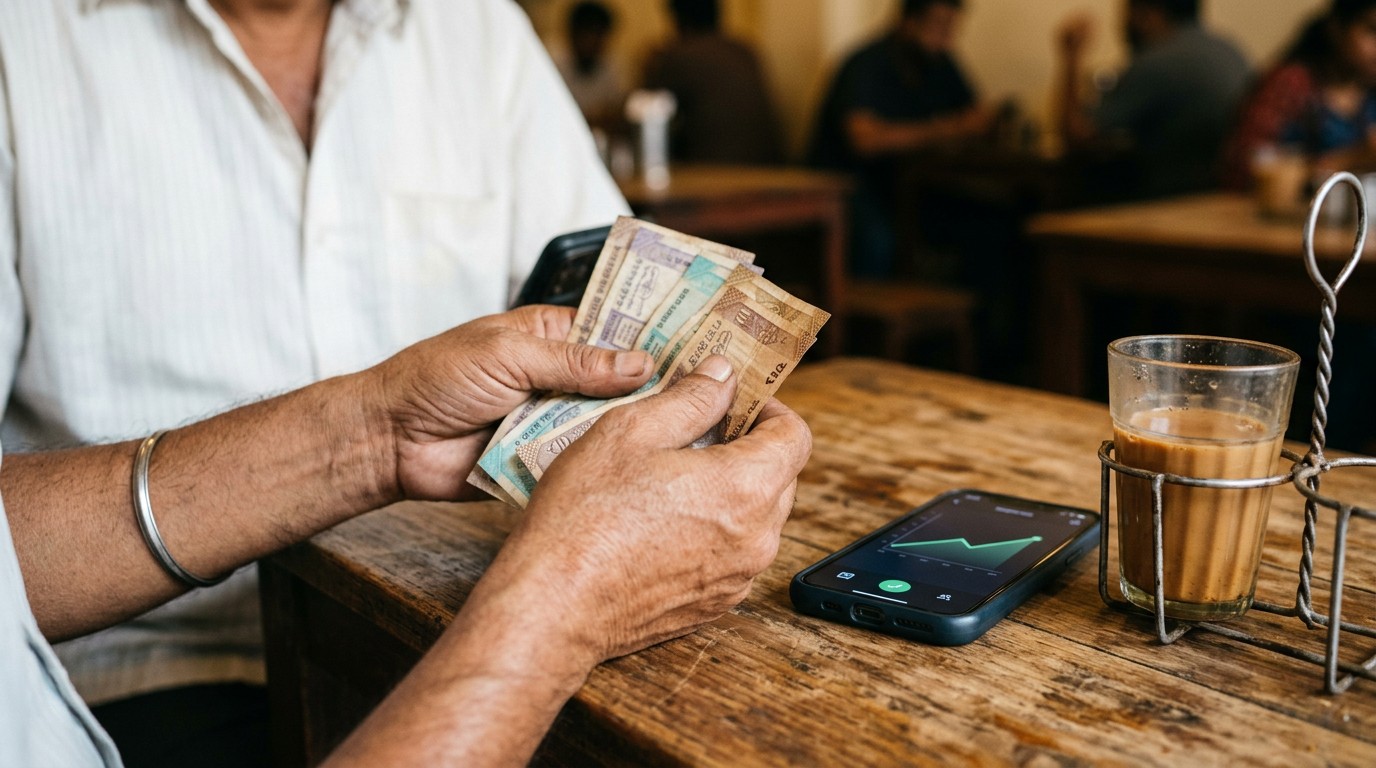 Hands counting Indian rupees earned from online work from home jobs in telugu at a cafe.
