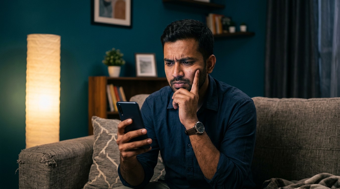 A thoughtful Indian man examining a work from home night shift offer on his phone.