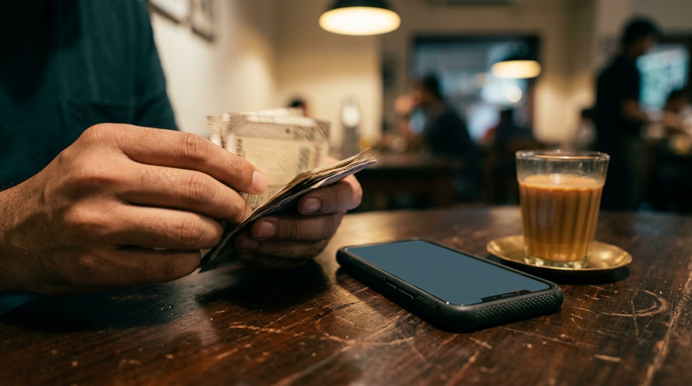 Hands counting rupee notes beside a phone and cutting chai, the freelance side of digital marketing jobs remote