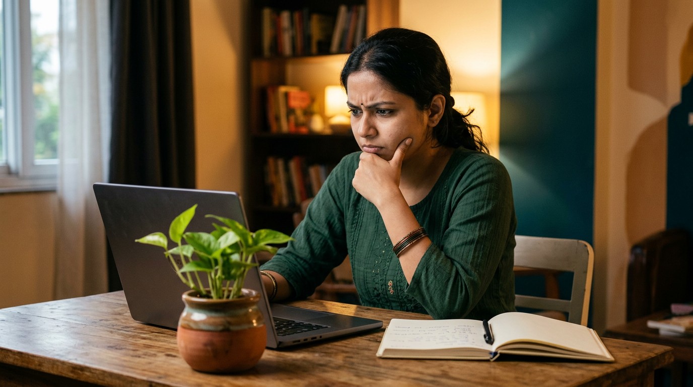 An Indian woman reviews online reviews about data sell karke paise kaise kamaye on her laptop.