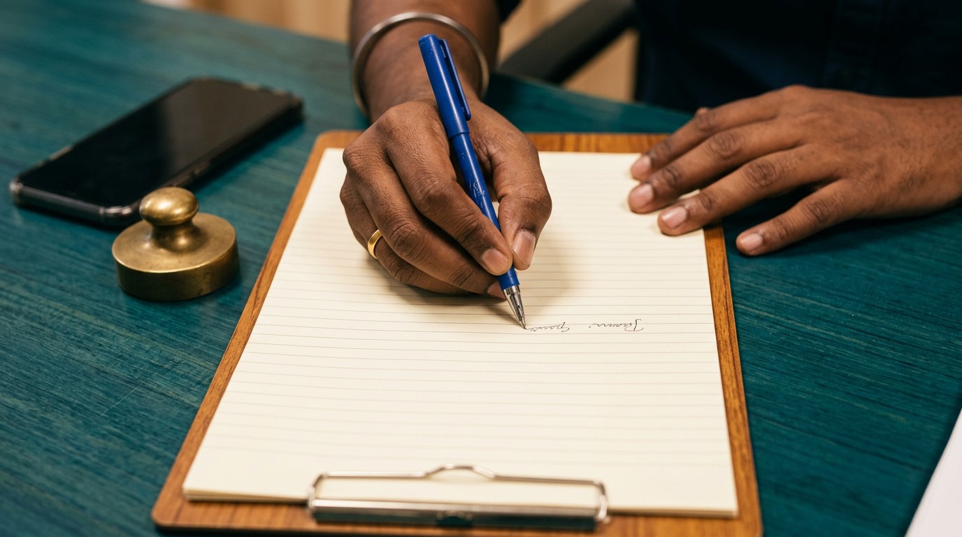 Hands writing a UPI fraud complaint letter on a clipboard beside a face down phone.