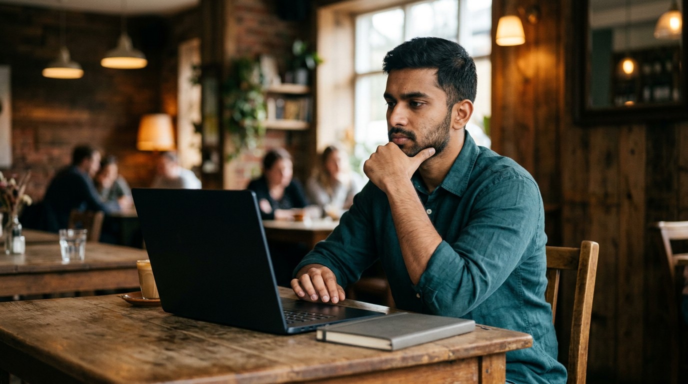 A man in a cafe weighs whether a paytm cash earning app is genuine before signing up