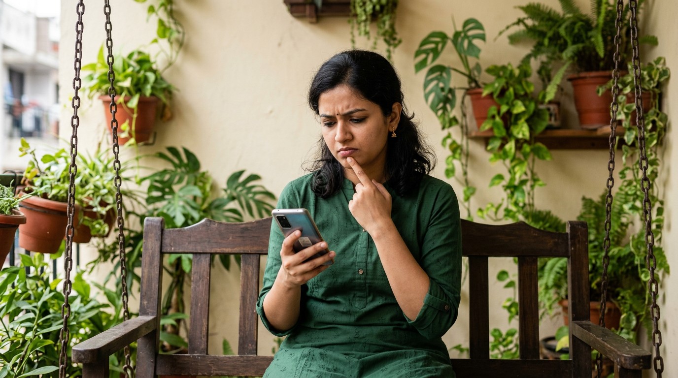 A woman carefully evaluates freelance writing jobs work from home india on her phone from her balcony.