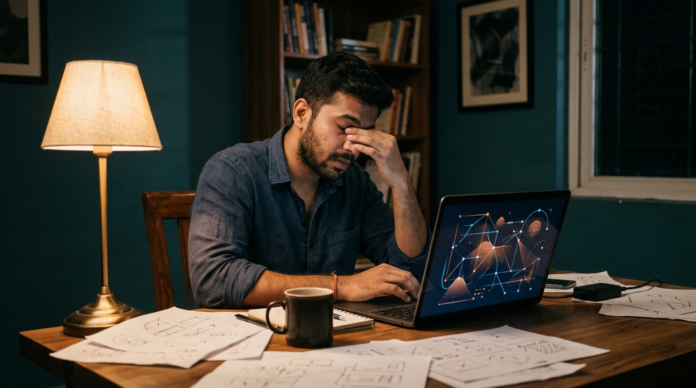 A tired young Indian man rubbing his eyes at a laptop late at night, the unpaid hours in graphic design jobs work from home India