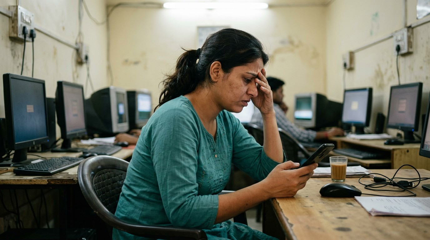 A frustrated Indian woman checks her phone, questioning if evuri online jobs are real or fake.