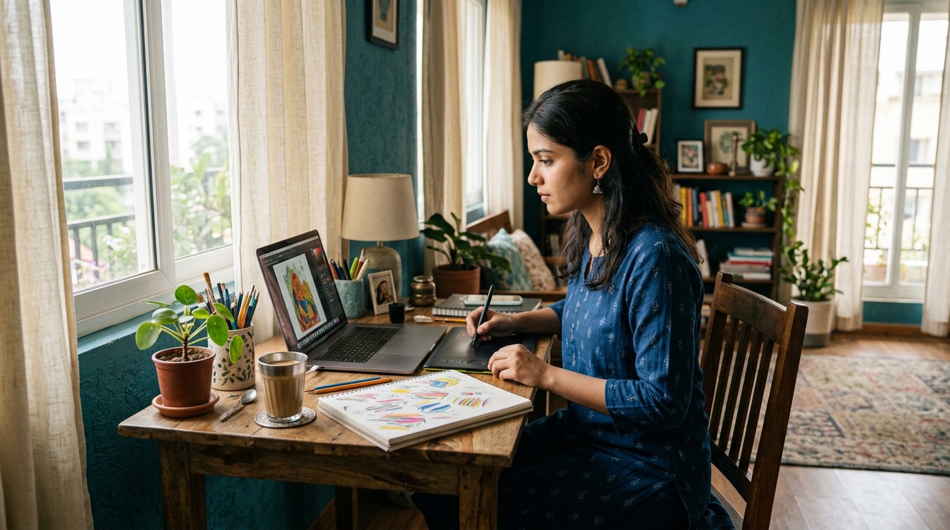 An Indian designer sketching logo concepts at a home desk for graphic design jobs work from home India