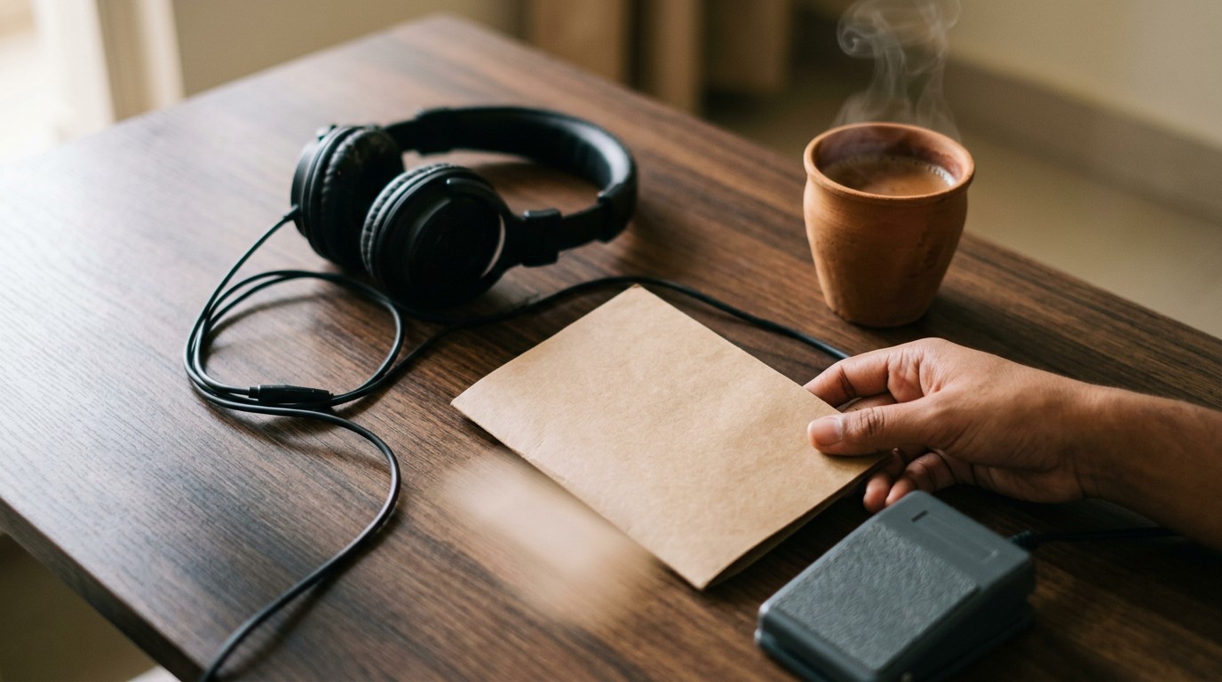 Envelope, headphones and foot pedal on a table, the cost of chasing medical transcription jobs from home