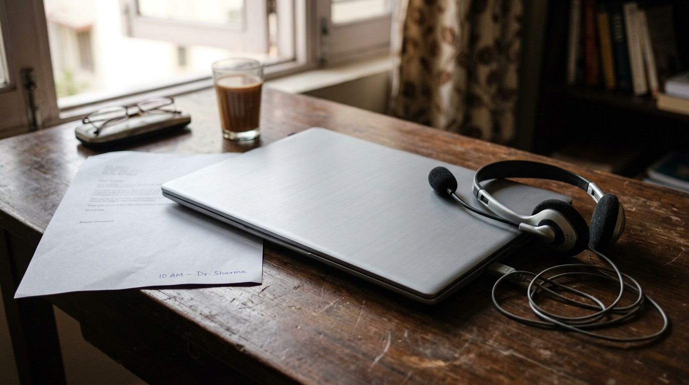 A headset beside a closed laptop and a letter on a home desk, kit for chat support work from home