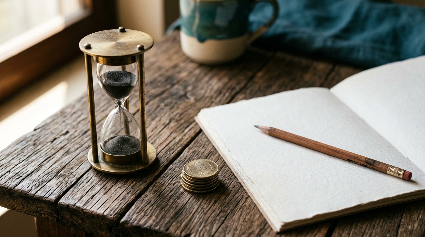An hourglass beside rupee coins and a blank notebook, timing freelance writing jobs work from home india.