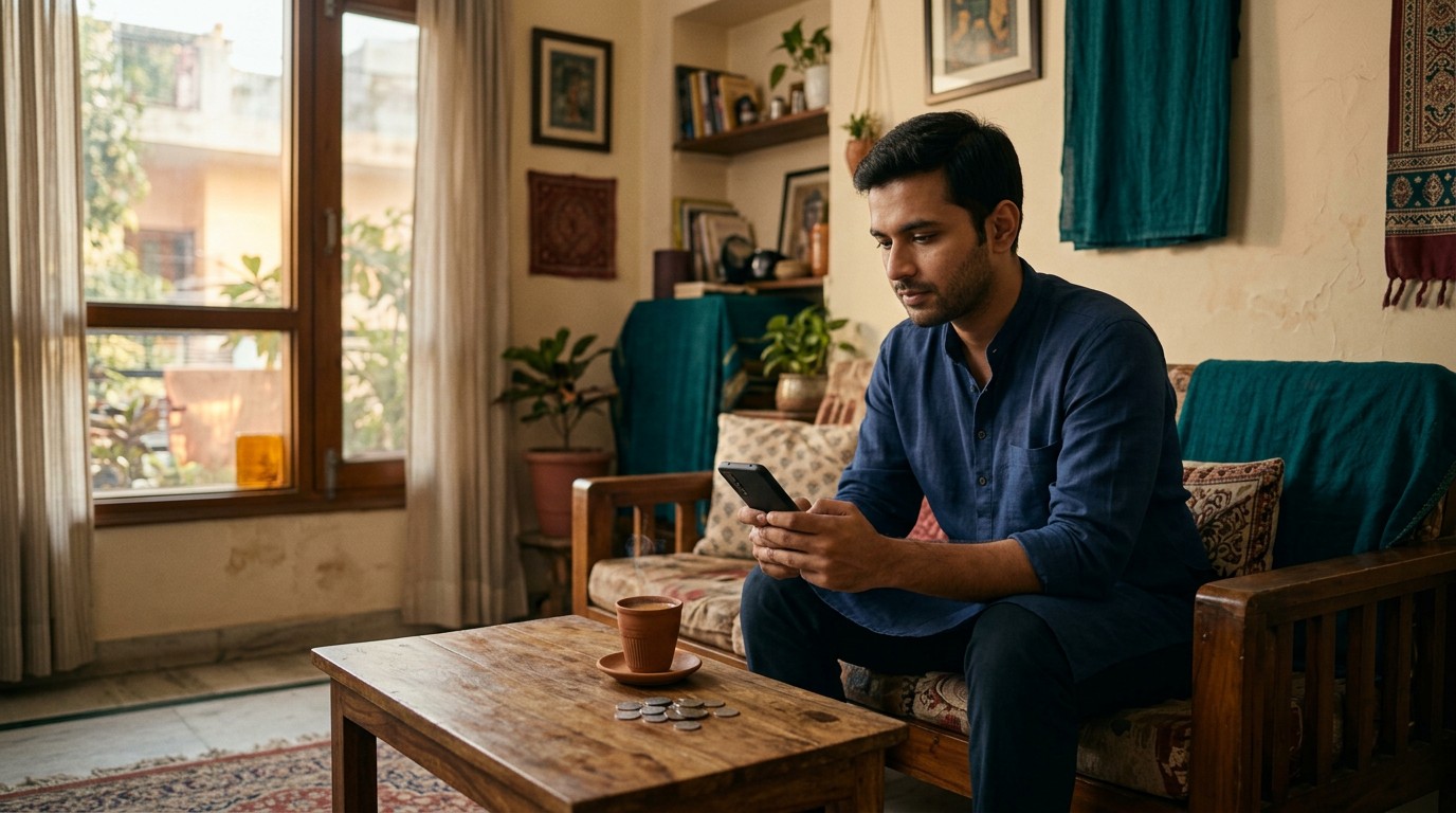 An Indian man on a sofa checks his phone beside chai, looking up the winzo real cash game