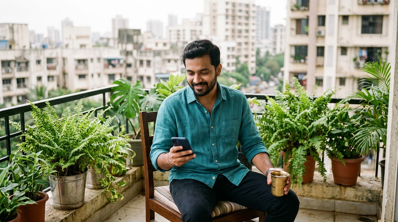 A man on a Mumbai balcony reading his phone, checking replies about remote bookkeeping work from India