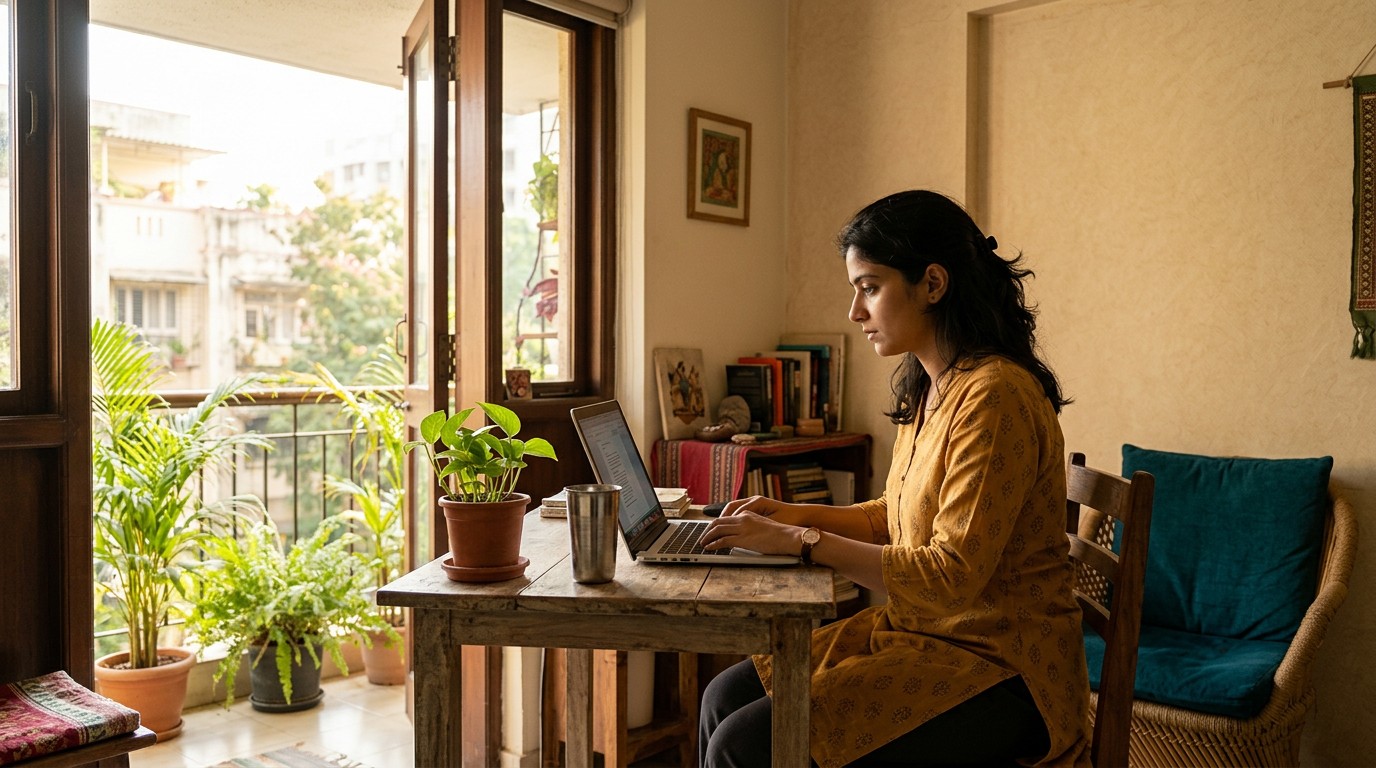 An Indian woman at a home desk by the window searching digital marketing jobs remote listings on a laptop