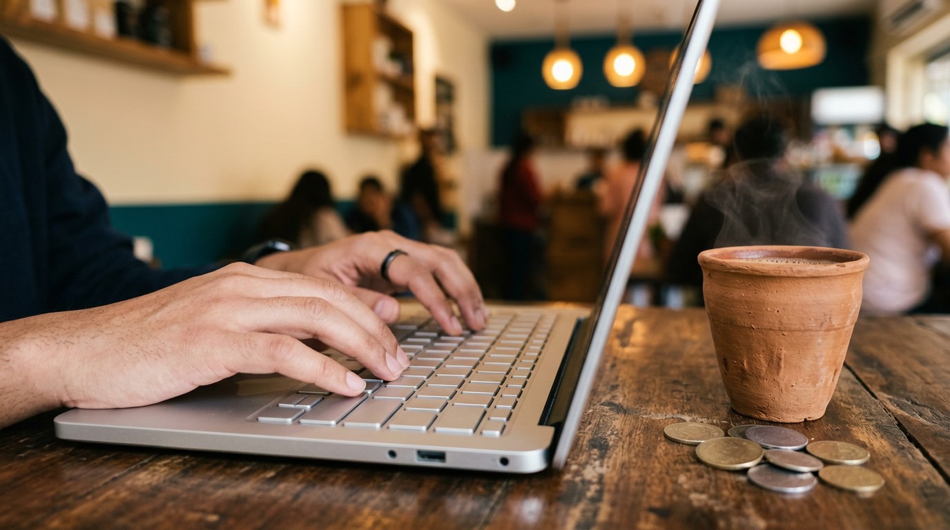 Hands typing on a laptop beside a clay cup of tea and rupee coins, the cost side of remote bookkeeping