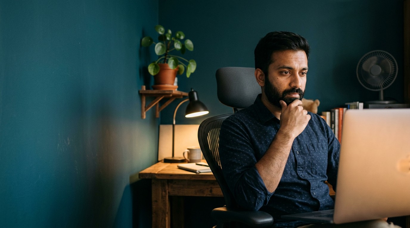 An Indian man at a home desk weighing whether AI leaves room for medical transcription jobs from home