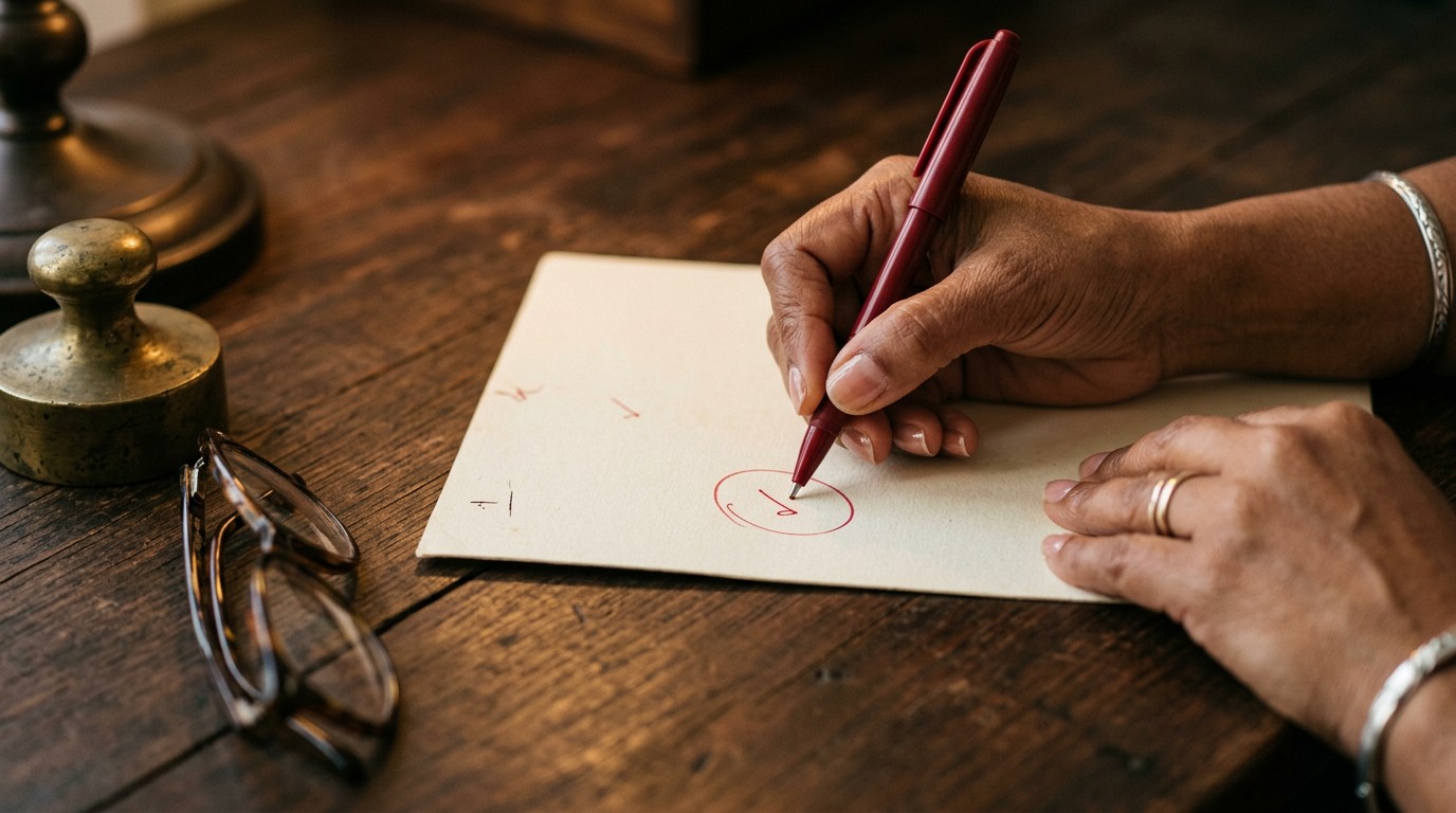 Indian hands marking a proof page with a red pen, the care work from home proofreading jobs test for