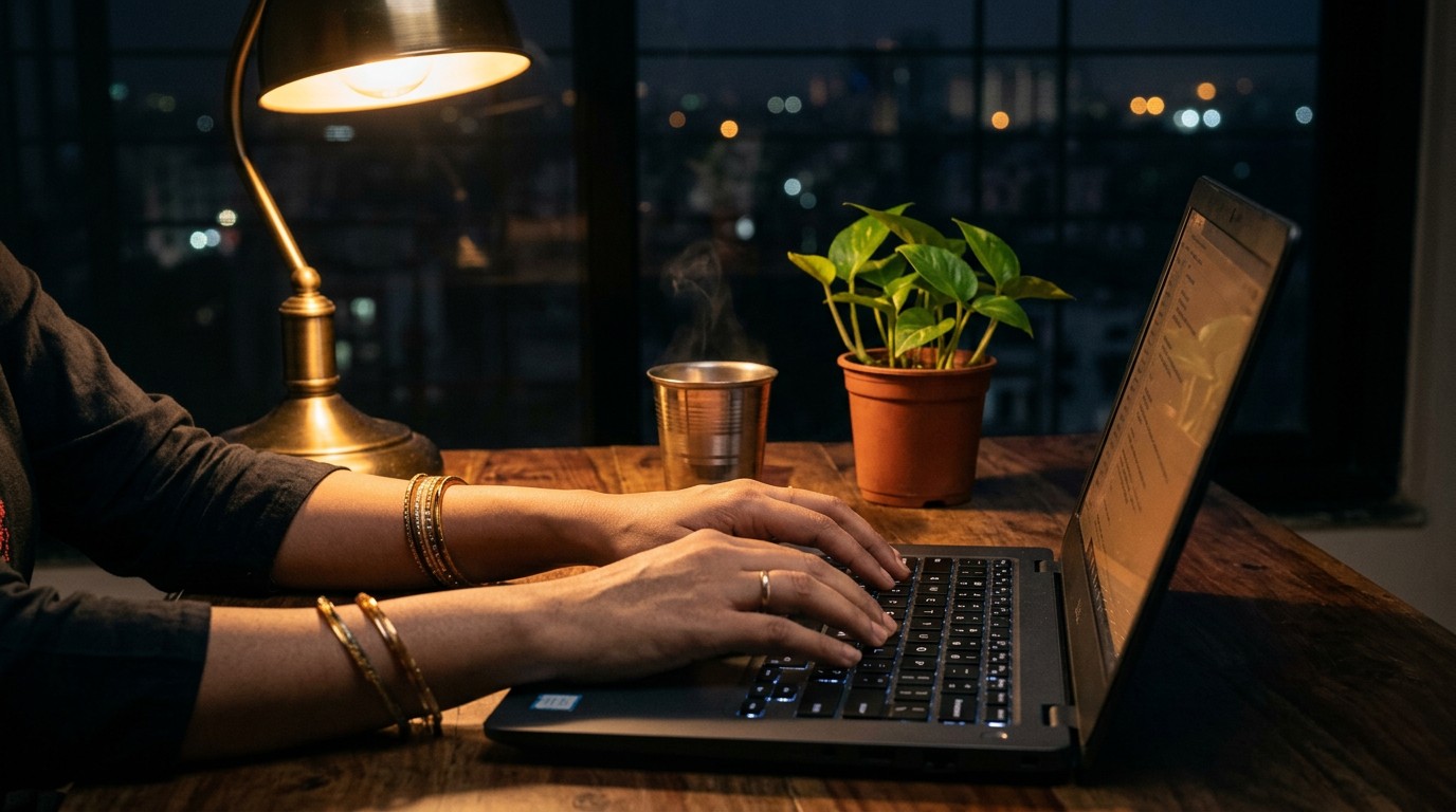 Hands typing on a laptop under a desk lamp at night, the usual hours for virtual assistant jobs remote.