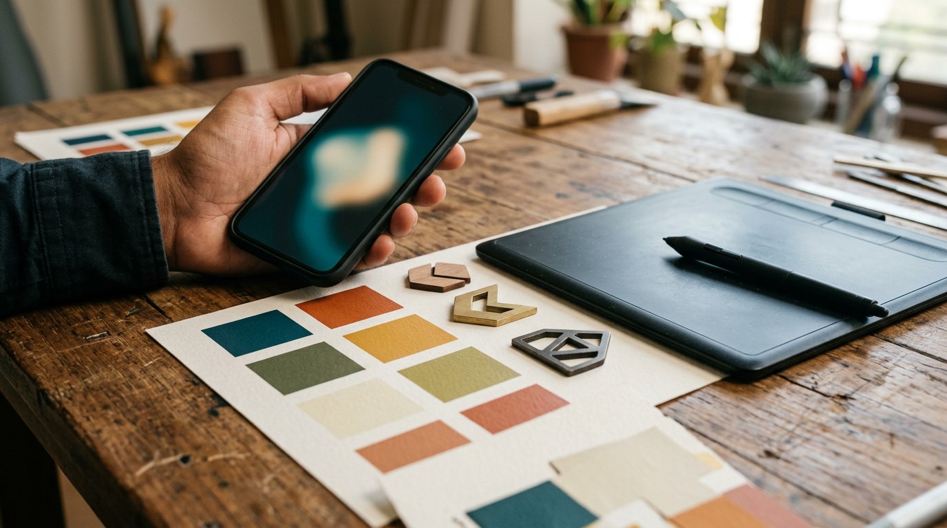 Hands holding a phone beside colour swatches and logo shapes on a desk, checking an offer for graphic design jobs work from home India