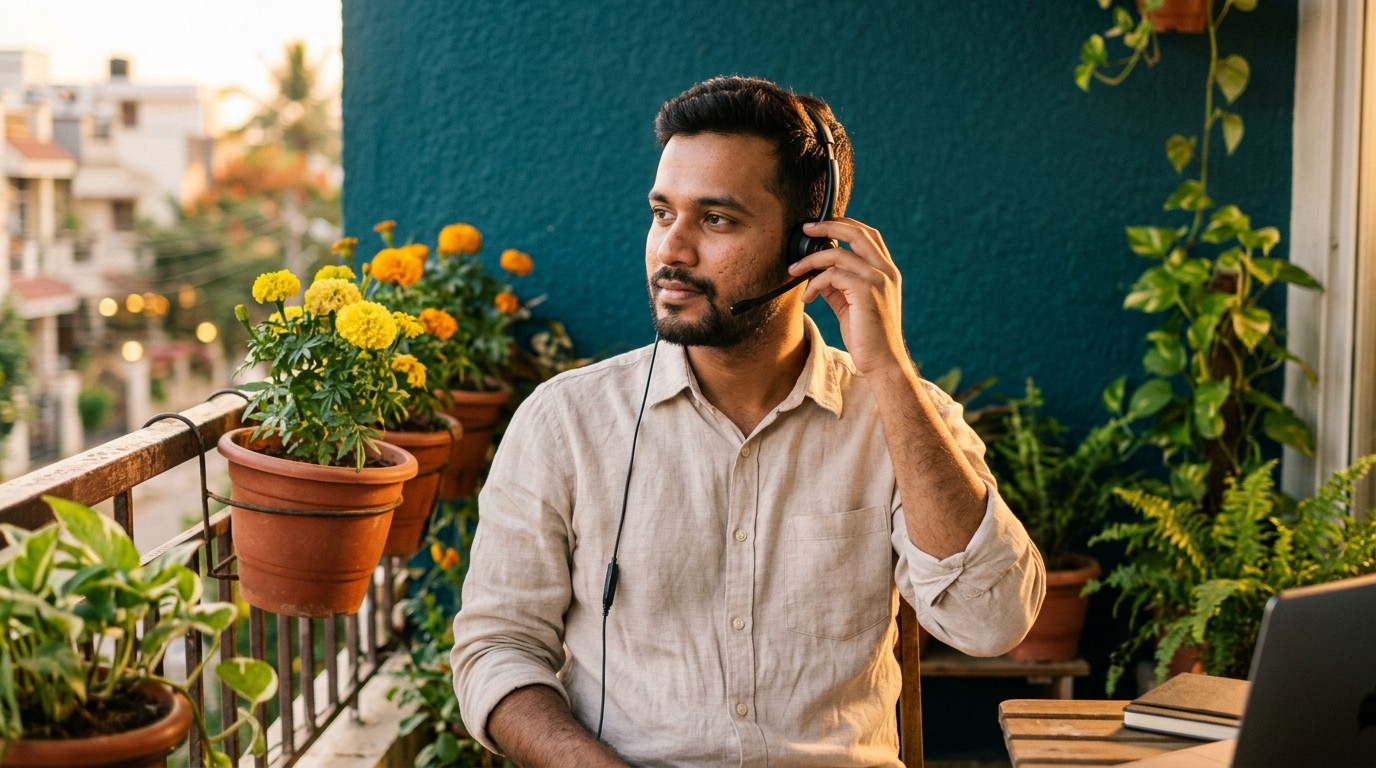 A young Indian professional preparing his headset to apply for virtual assistant jobs remote.