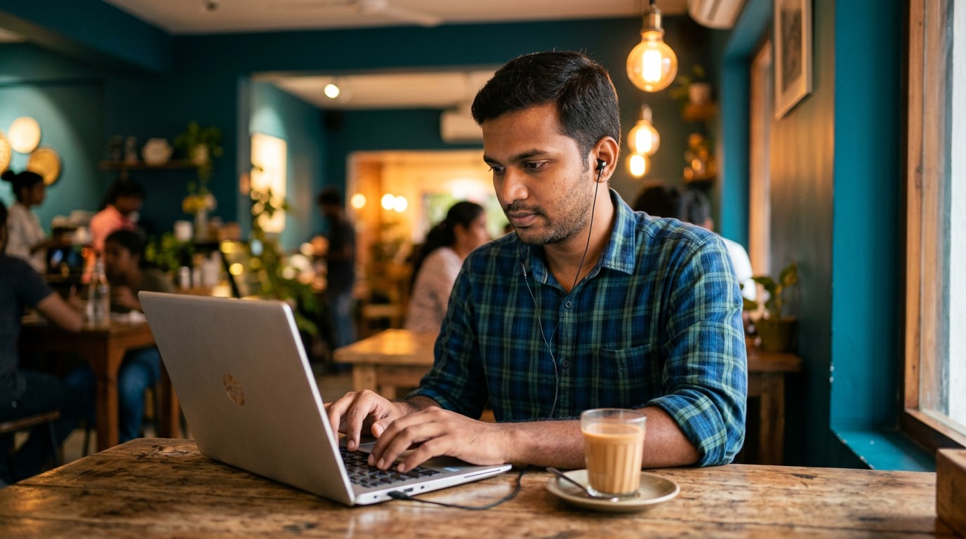An Indian transcriber listening to audio while doing real tamil typing jobs work from home at a cafe.