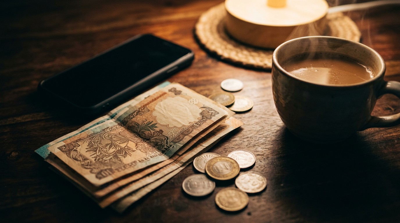 Indian rupee currency notes on a desk representing earnings from a work from home night shift.