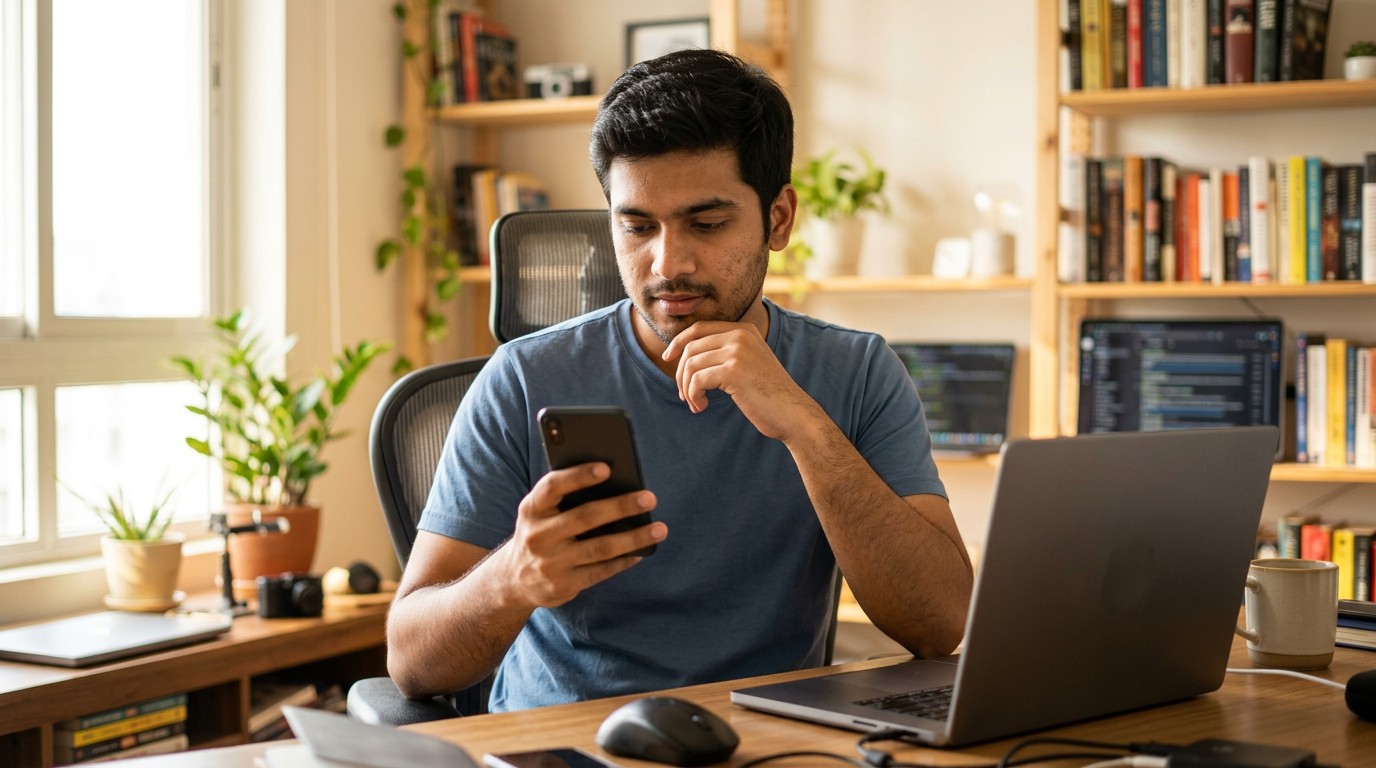 A man at his home desk reading a payment notice on his phone after work from home proofreading jobs
