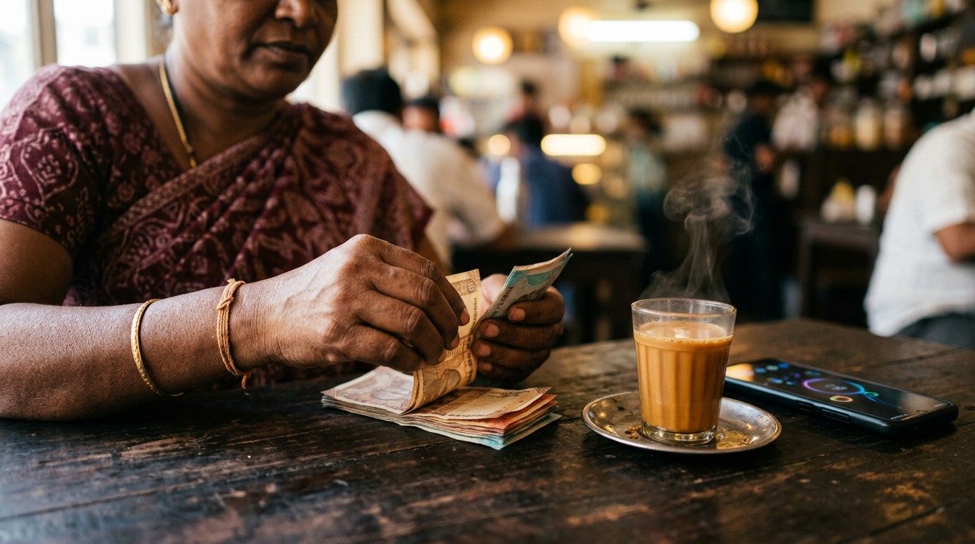 Indian rupee notes next to a smartphone hint at the upfront fees charged by evuri online jobs.