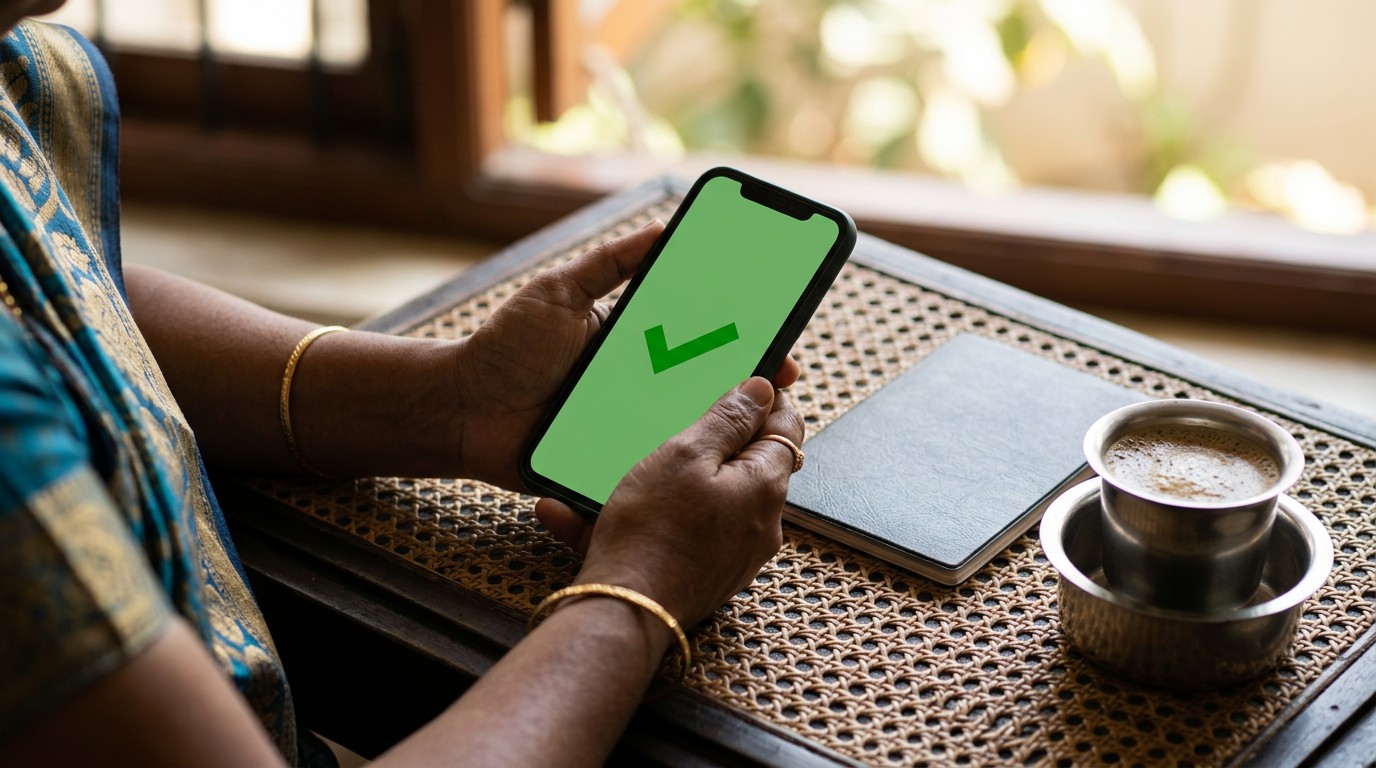 A woman's hands hold a phone showing a green tick after an attapoll survey payout, beside a passbook.