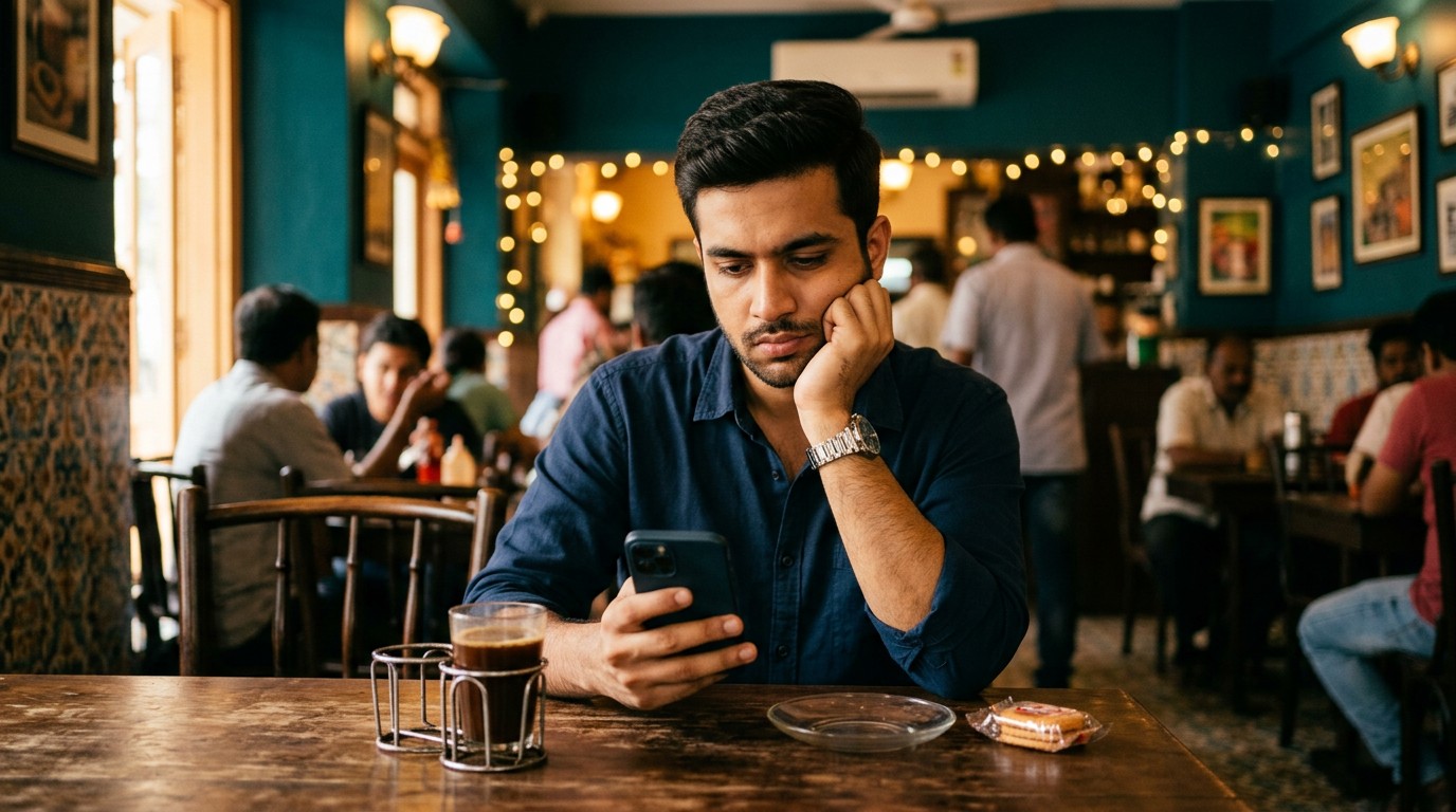 A young man experiences a screen out while using the attapoll survey app in a cafe.