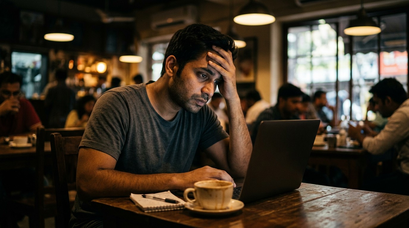 A stressed Indian man looking at his laptop after encountering fraudulent google work from home jobs.