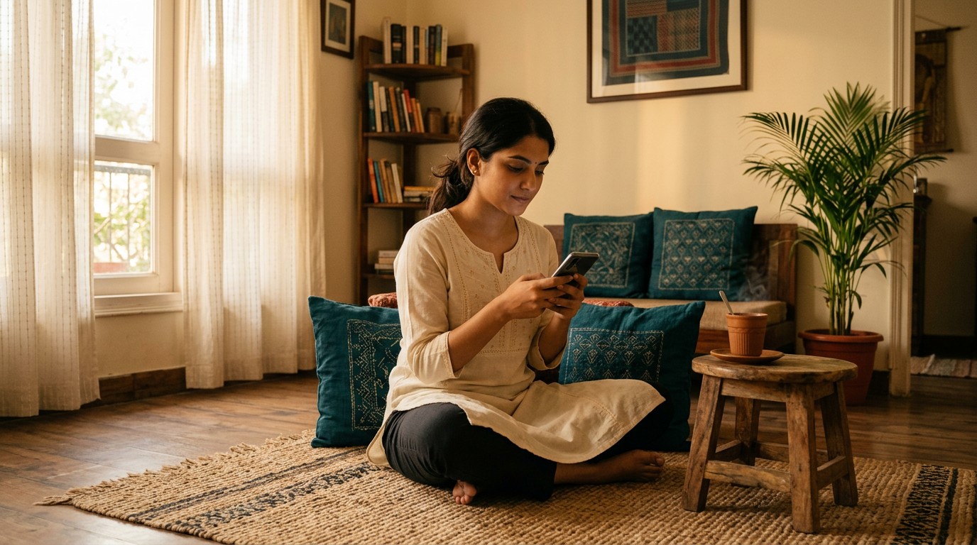 A young Indian woman on a jute rug checks a paytm cash earning app on her phone at home