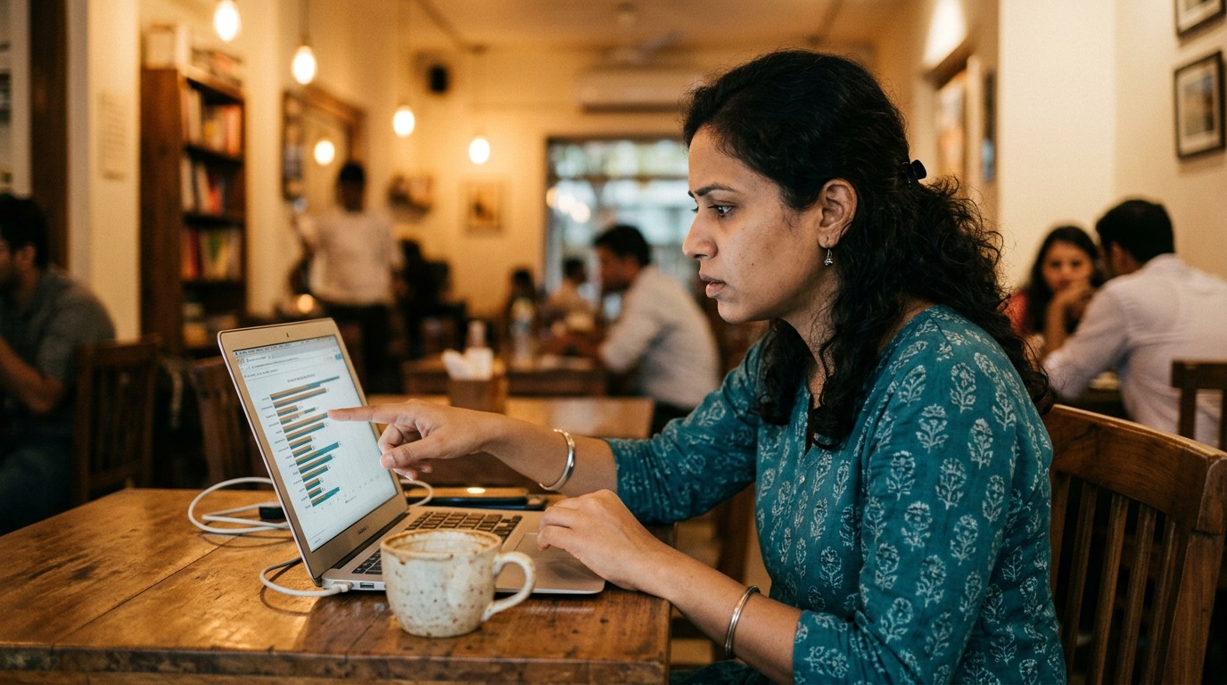 A woman in a Mumbai cafe reads consumer complaints about the winzo real cash game on her laptop