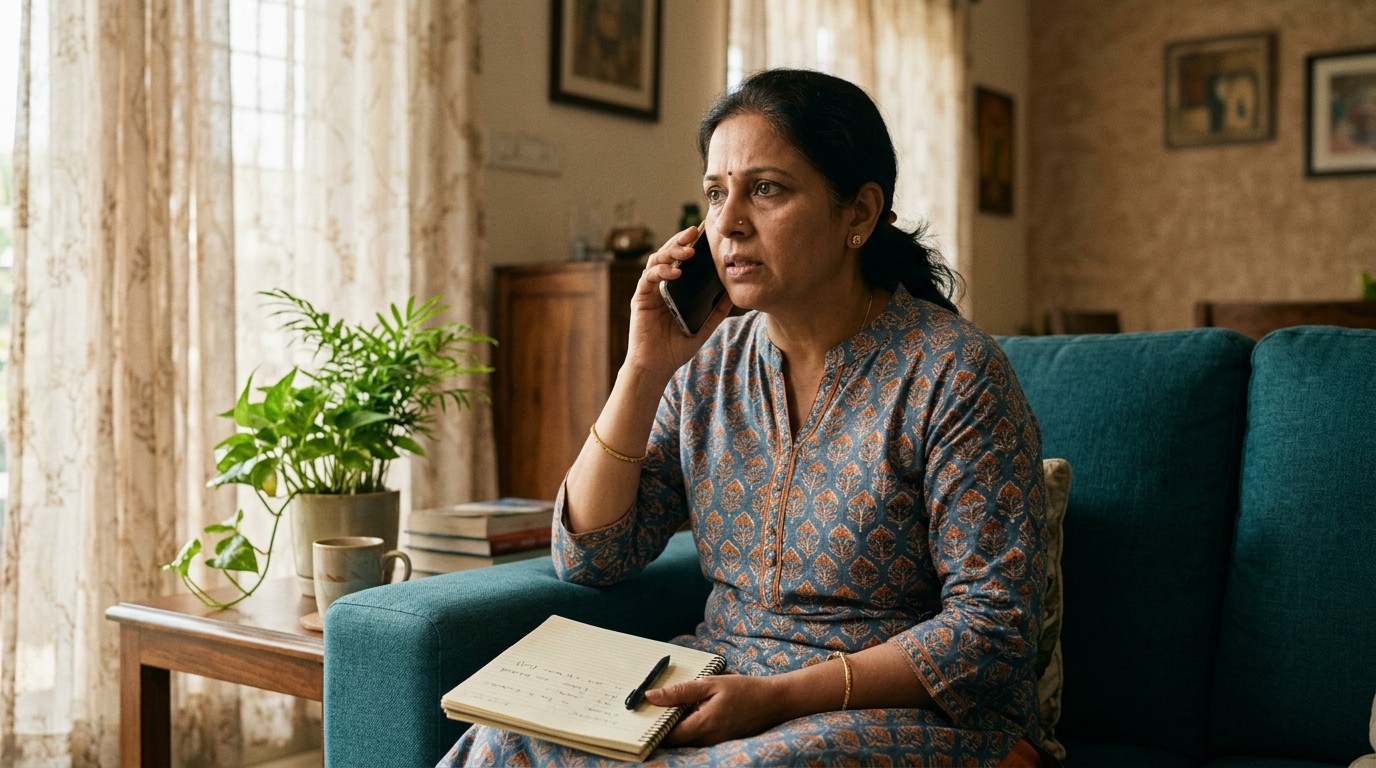 An Indian woman on a teal sofa following up her UPI fraud complaint by phone.
