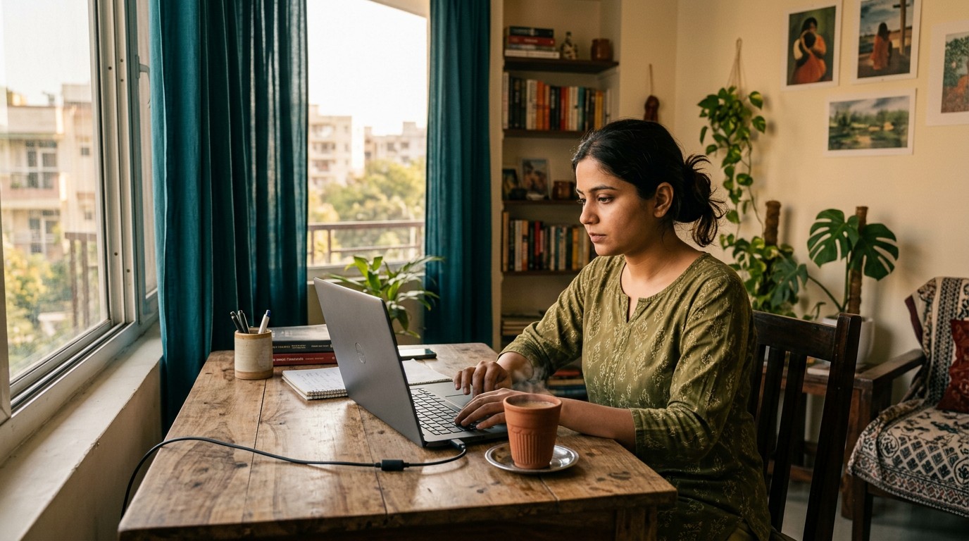 An Indian woman at a laptop in a Delhi flat, applying for work from home proofreading jobs