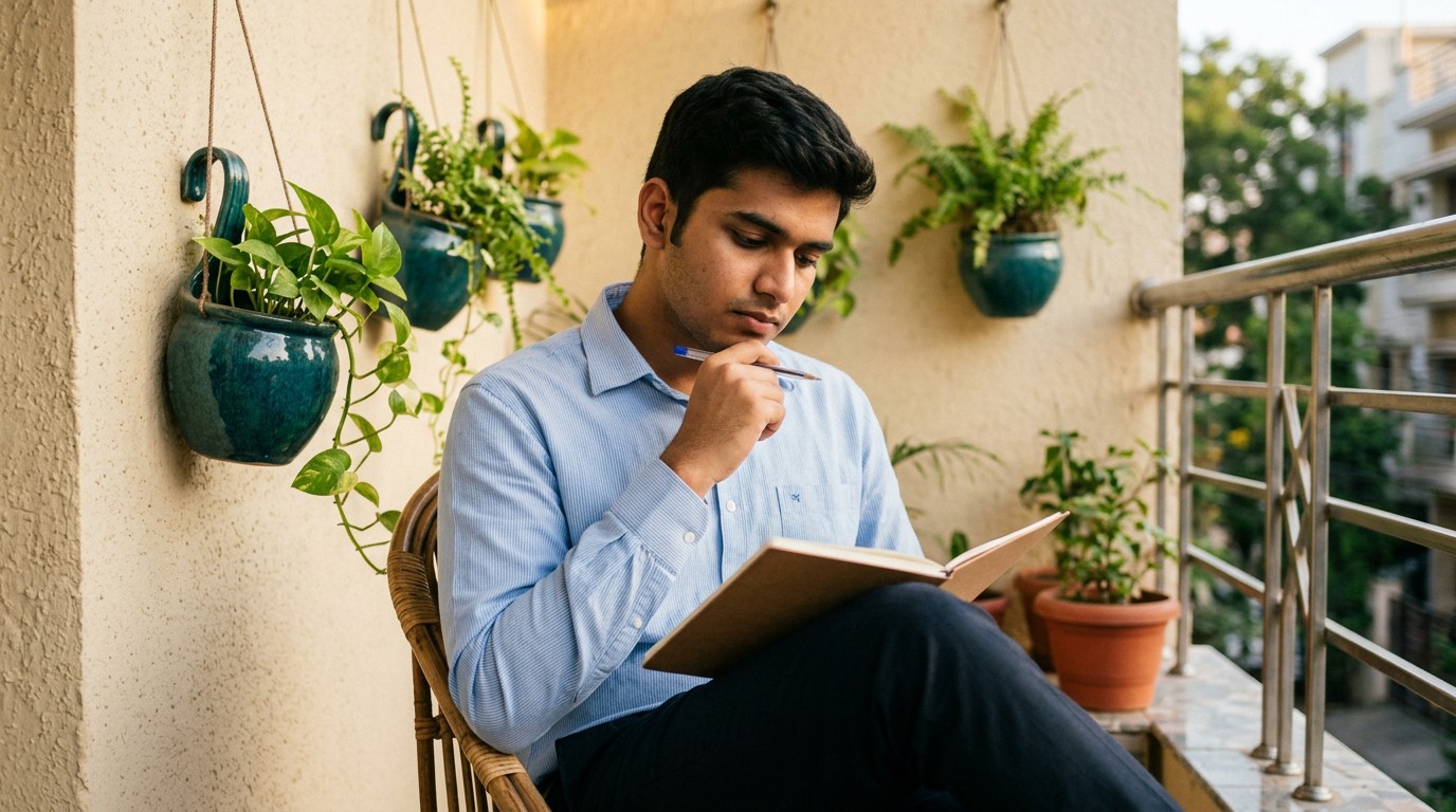 A young Indian man on a balcony weighing a course brochure against digital marketing jobs remote pay